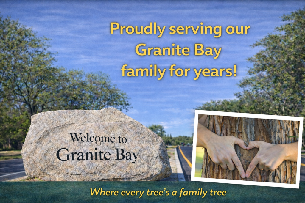 A picture of Granite Bay with the Acorn Aboricultural Services logo and the words "Proudly serving our Granite Bay family for years!"