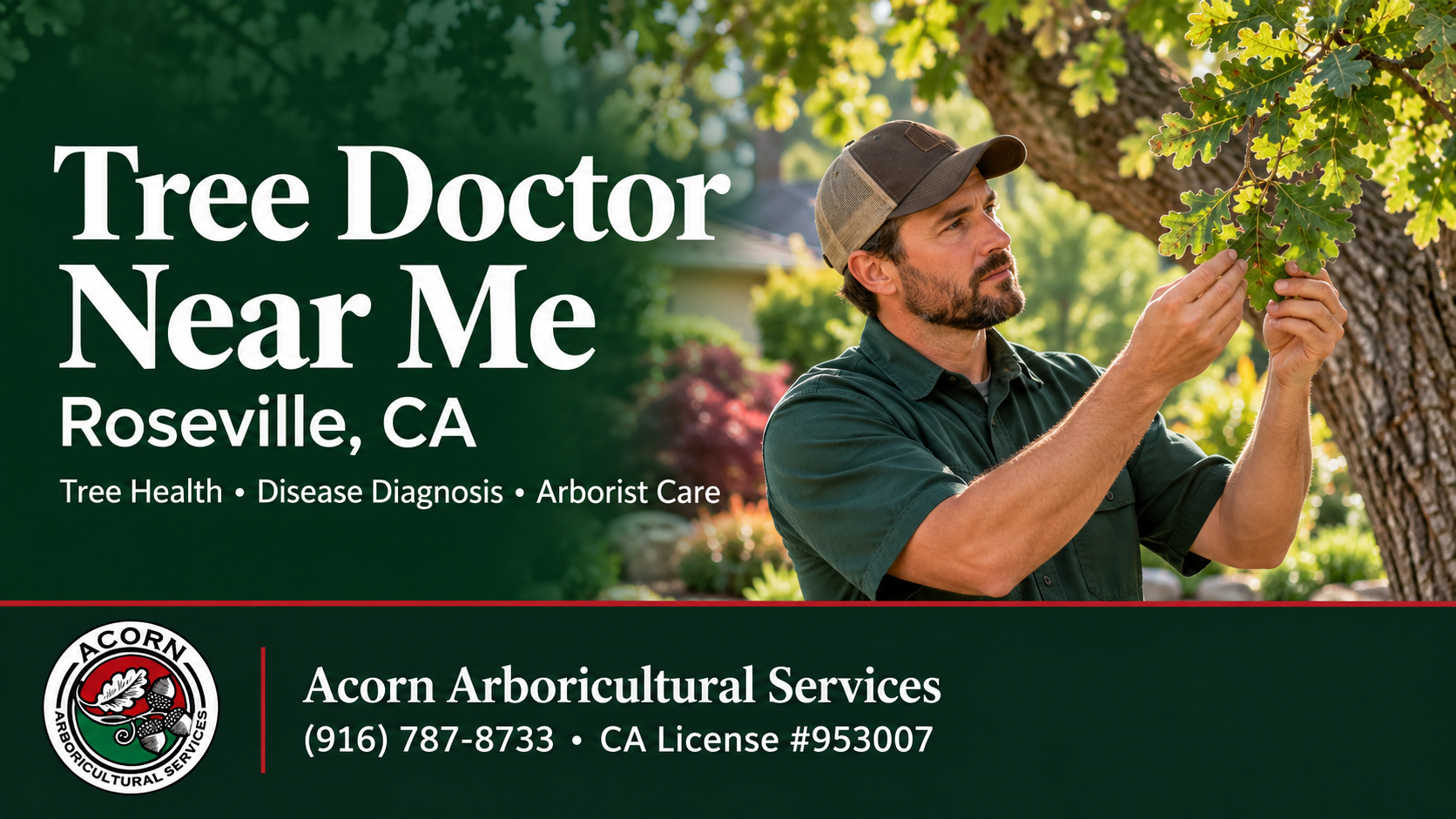 Illustration of an arborist inspecting oak leaves for an Acorn tree health blog about Roseville